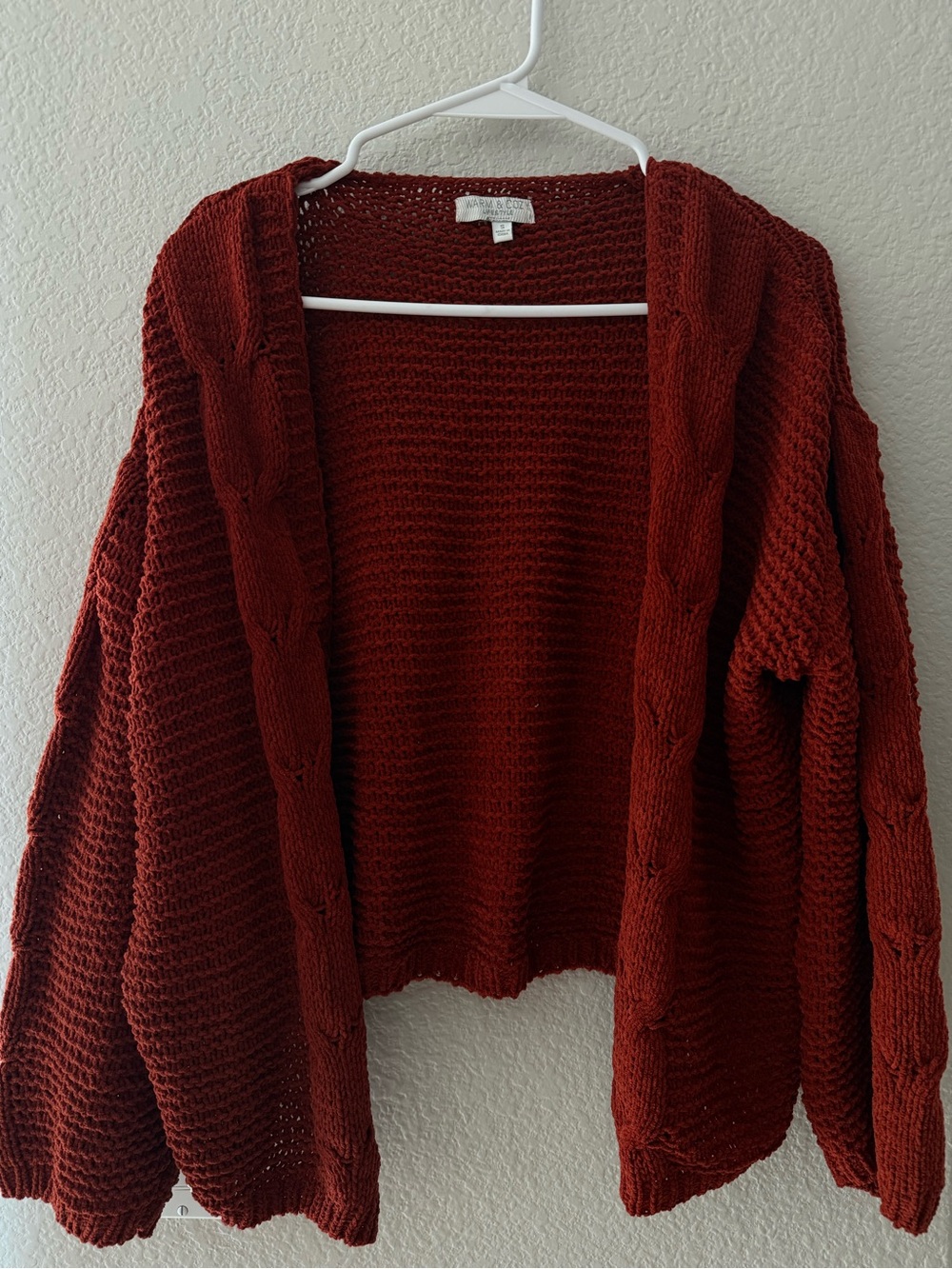 Open-Front Cable-Trim Cardigan Sweater - Rust